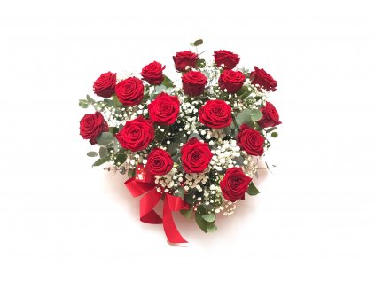 Červené růže ve flowerboxu tvaru srdce