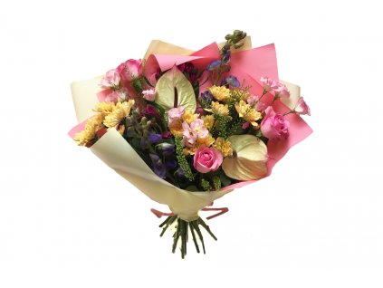 Kytice Eva: anturie, aconitum, eustoma, chryzantéma, růže