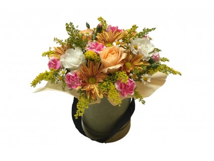 Flowerbox Iveta: růže, eustoma, solidago, minikarafiát, chryzantéma