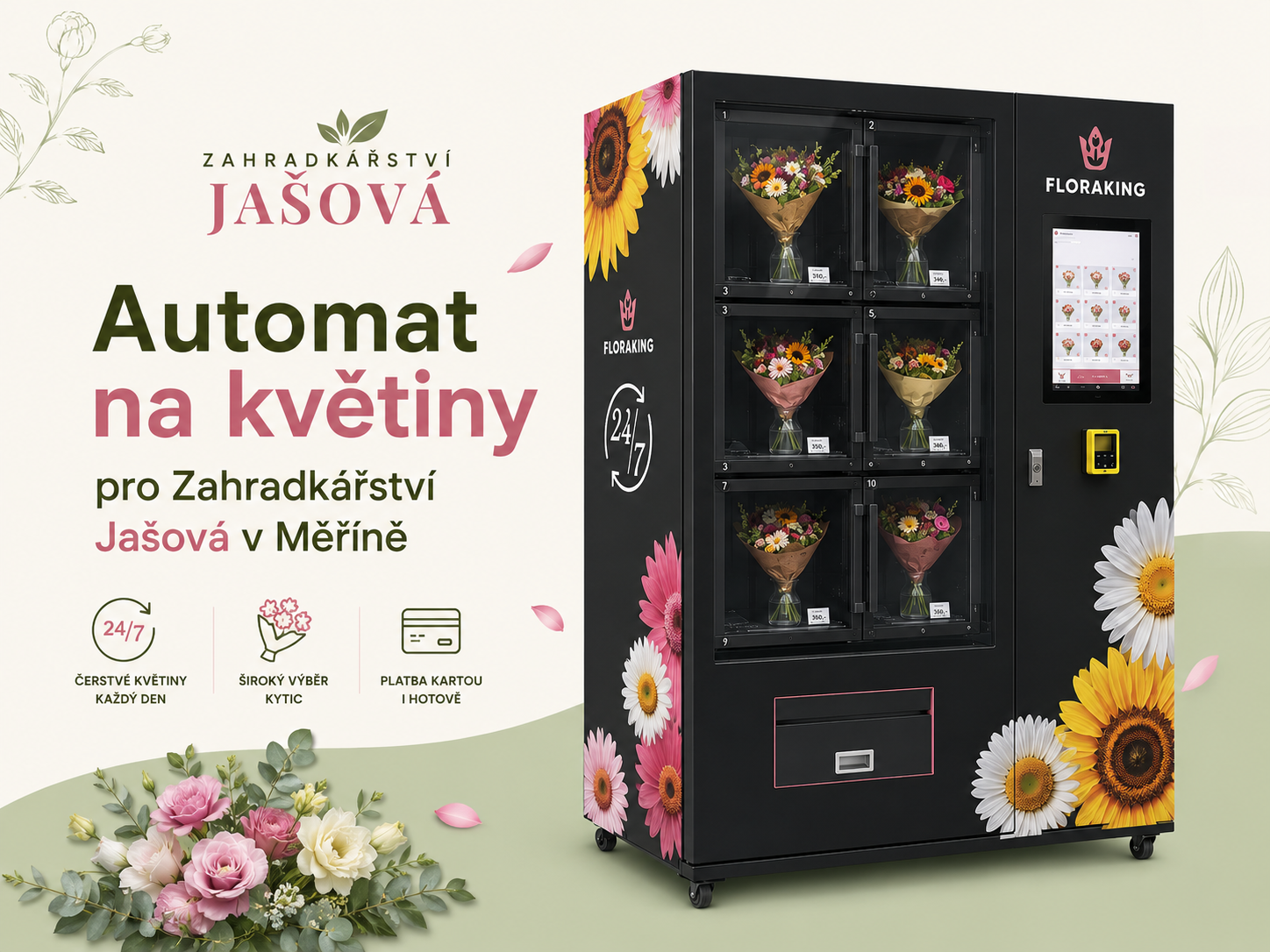 Květomat pro Zahradkářství Jašová v Měříně: čerstvé květiny dostupné 24/7