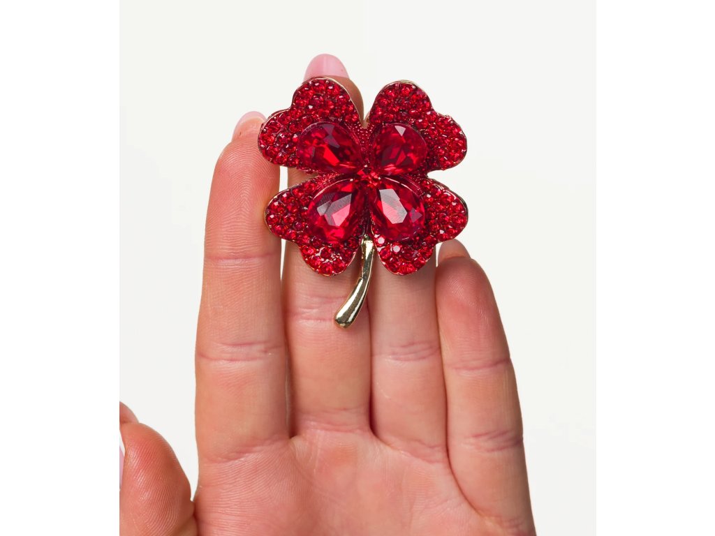 Elegantní Zlatá Brož Čtyřlístek zdobená Kubickými Zirkony, Šperkařská Slitina, 4x5.1 cm