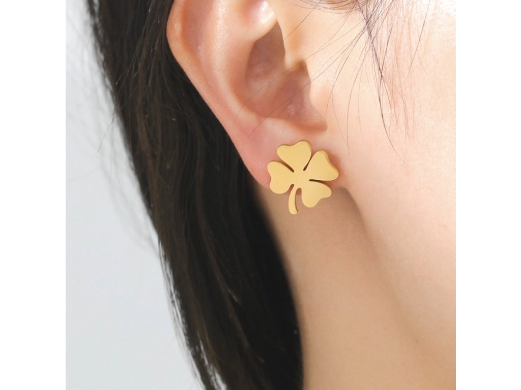 Elegantní náušnice čtyřlístek z chirurgické oceli 316L, pozlacené 18karátovým zlatem, velikost 1,2 cm