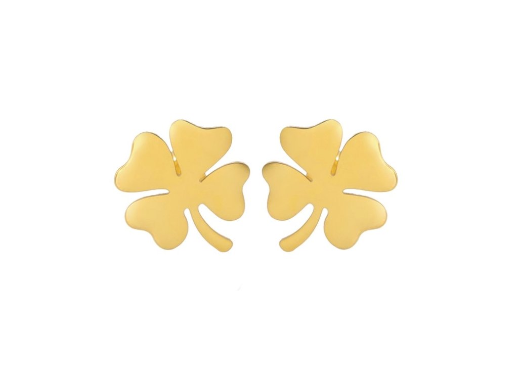 Elegantní náušnice čtyřlístek z chirurgické oceli 316L, pozlacené 18karátovým zlatem, velikost 1,2 cm