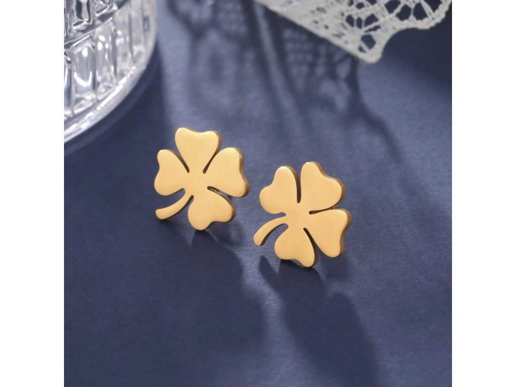 Elegantní náušnice čtyřlístek z chirurgické oceli 316L, pozlacené 18karátovým zlatem, velikost 1,2 cm