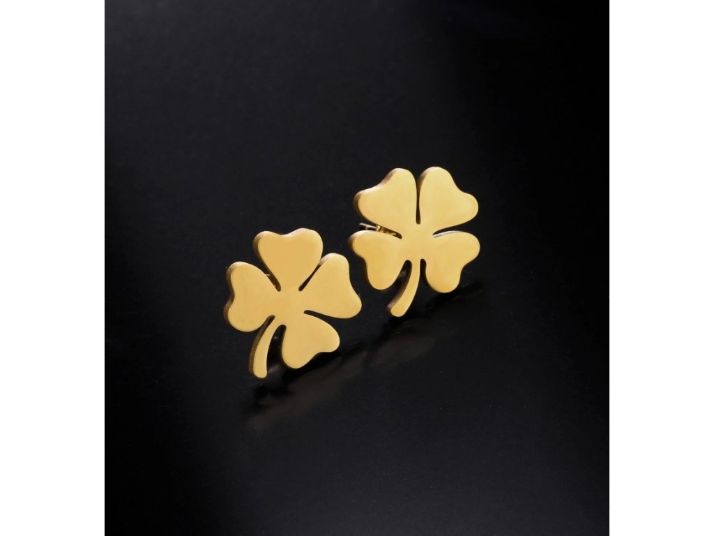 Elegantní náušnice čtyřlístek z chirurgické oceli 316L, pozlacené 18karátovým zlatem, velikost 1,2 cm
