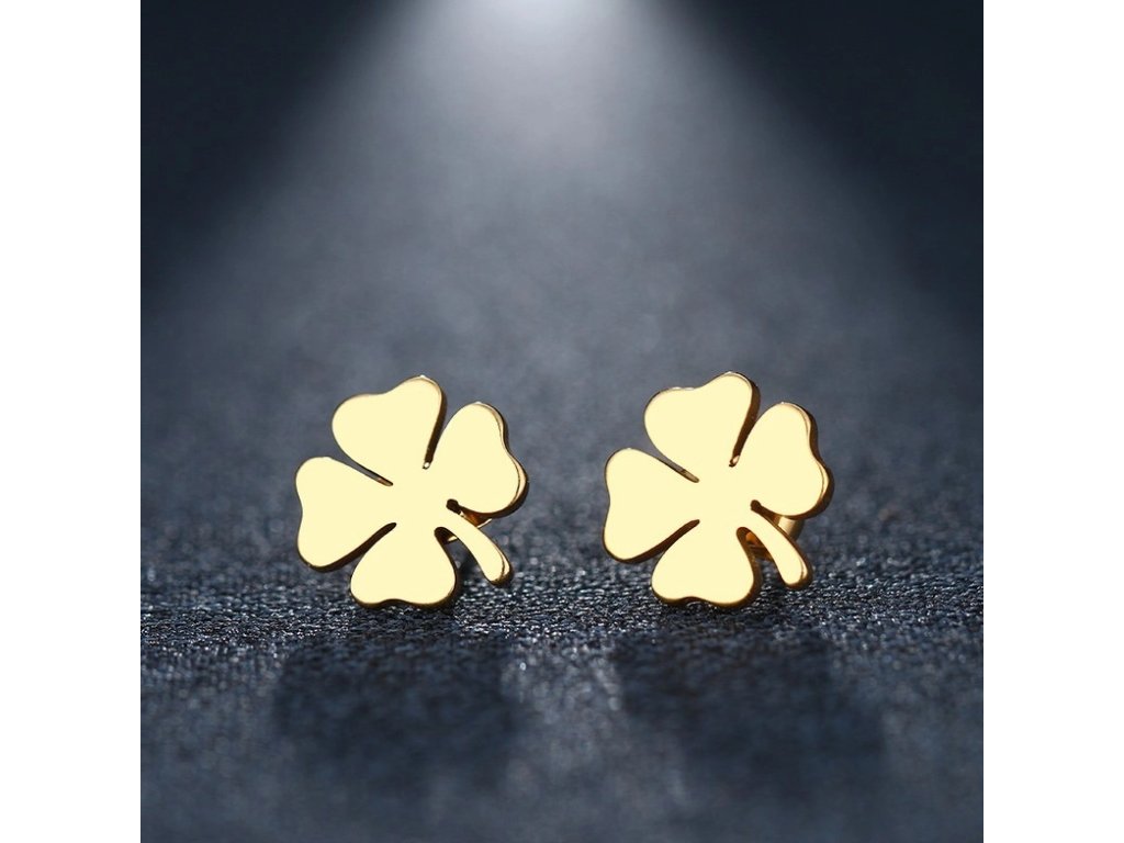 Elegantní náušnice čtyřlístek z chirurgické oceli 316L, pozlacené 18karátovým zlatem, velikost 1,2 cm