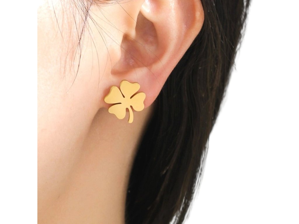 Elegantní náušnice čtyřlístek z chirurgické oceli 316L, pozlacené 18karátovým zlatem, velikost 1,2 cm