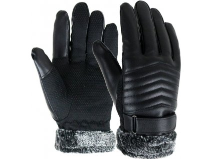 Pánské zimní rukavice s medvídkem, černé, polyuretan a umělá kožešina, 25x12 cm