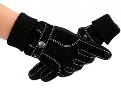 Pánské zimní rukavice na dotek, černé semišové, s pružnou šňůrkou