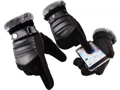 Pánské zimní rukavice na dotek, hnědé, kombinace polyesteru a ekokůže, univerzální velikost
