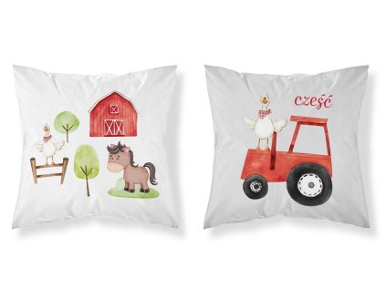 Bavlněný povlak na polštář 40x40 Farmářská vesnice červený traktor bílý šedý oboustranný PSBA 05 A Mayamoo 26