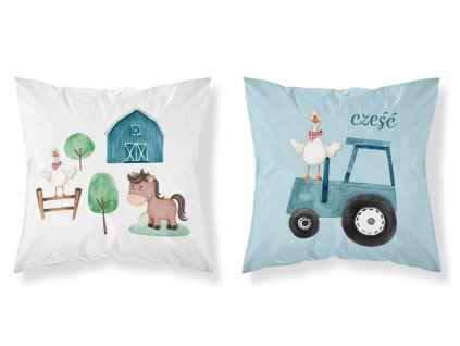 Bavlněný povlak na polštář 40x40 Farmářská vesnice modrý traktor bílý modrý oboustranný PSBA 05 B Mayamoo 26