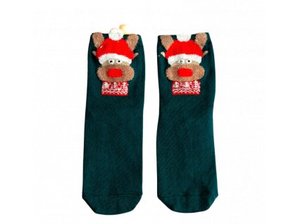 Teplé vánoční ponožky se sobími motivy, trávově zelené, 70% bavlna - 27% polyester - 3% elastan, velikost 34-40