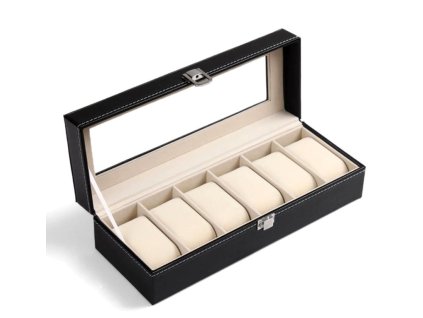 Elegantní Obdélníkový Organizér na Hodinky s Průhledným Okénkem, Saténově Černá kvalitní umělé kůže, 30x11x8 cm