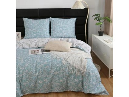 Saténové ložní prádlo 220x200 bílé modré listy S040 I14