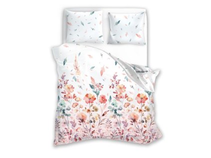 Saténové povlečení 220x200 Milargo Verde 001 bílé barevné květy Faro