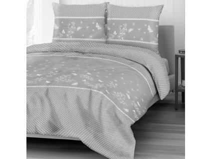 Bavlněné povlečení 160x200 71479/1 šedá bílá hrách květy motýli Cottonlove