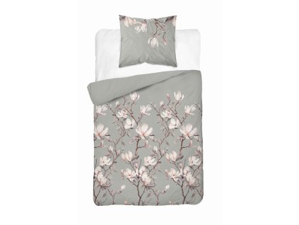 Saténové povlečení 140x200 šedé s magnólií - elegantní botanický vzor, 100% bavlna - 5480 B - Home Satén 71