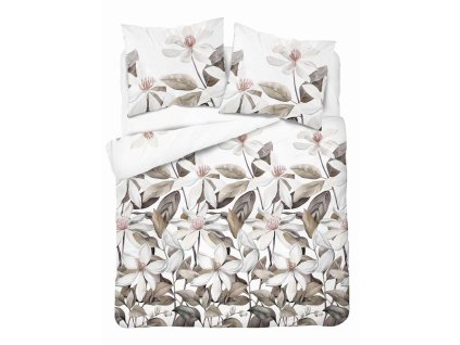Saténové povlečení 160x200 Bílé s béžovými listy a květy - přírodní elegance, 100% bavlna - 5481 B - Home Satén 71