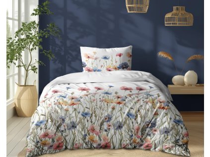 Bavlněné povlečení 140x200 Bílé s letními lučními květy - barevné povlečení v boho stylu, 100% bavlna - 5341 A - Soft Meadow