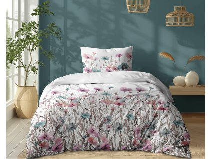 Bavlněné povlečení 140x200Bílá s pastelovými lučními květy - romantické boho povlečení, 100% bavlna - 5341 B - Soft Meadow