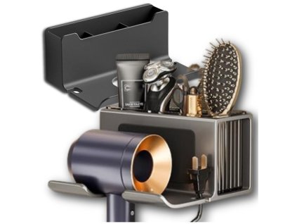 Univerzální samolepicí držák na fén, černý, odolný plast, 16.5 cm x 12.5 cm