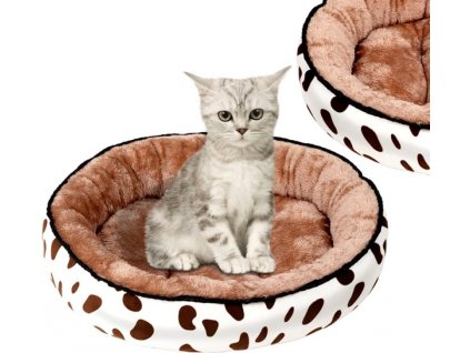 Kulatý pelíšek pro psy a kočky z měkkého plyše, voděodolný, průměr 50 cm, krémová barva s hnědými skvrnami