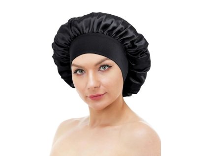 Černá Saténová Noční Čepice s Lemem - Univerzální Velikost, 100% Polyester