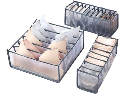 Organizér na spodní prádlo do skříně, 3 ks, šedý nylon, rozměry 32x12x12 cm a 32x32x12 cm