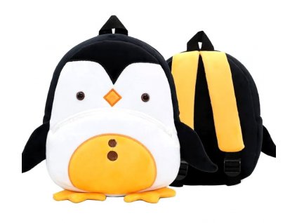 Plyšový dětský batoh s tučňákem, černobílý, polyester, 26x24x10 cm