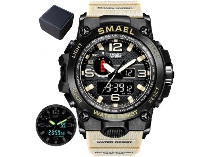 Digitální vodotěsné pánské LED hodinky Smael s nárazuvzdorným designem, silikonovým řemínkem v barvě khaki a černým kovovým pouzdrem