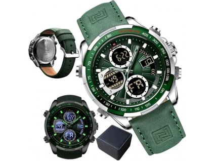 Pánské tachometrické hodinky NAVIFORCE s koženým řemínkem, zelené, vodotěsné WR30