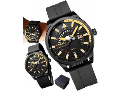 Pánské hodinky CURREN s datem, černé, gumový řemínek, vodotěsnost WR30