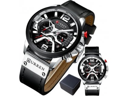 Pánské hodinky CURREN s chronografem, černé a stříbrné, s řemínkem z přírodní kůže a vodotěsností WR 30