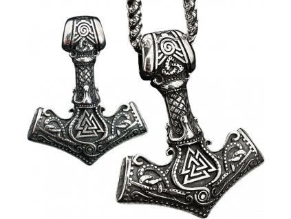 Pánský náhrdelník s kladivem Thor Mjolnir, stříbrný, chirurgická ocel, délka řetízku cca cm