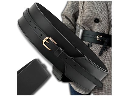 Dámský široký korzetový pásek z ekologické kůže, zlaté kování, 112 cm