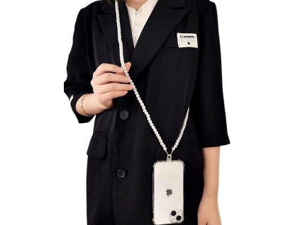 Elegantní Přívěsek na Telefon s Perlovou Šňůrkou, Bílá, Délka 120 cm