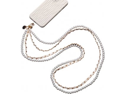 Přívěsek na telefon s perlami a klíčenkou, bílá barva, zlatý hardware, 120 cm
