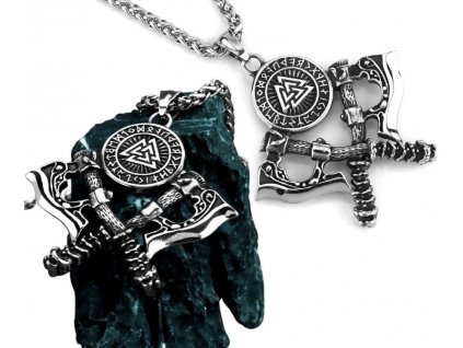 Náhrdelník se Severskými Symboly, Sekera Amulet, Stříbrná Barva, Chirurgická Ocel, 60 cm
