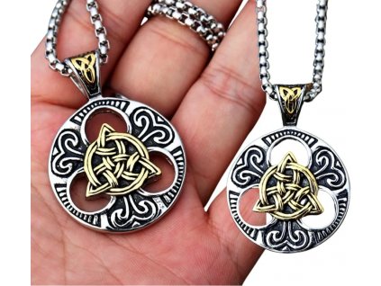 Pánský náhrdelník s vikingským amuletem Nordic, stříbrno-zlatá barva, chirurgická ocel, délka řetízku 60 cm
