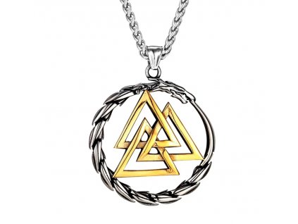 Pánský náhrdelník s vikingským amuletem, stříbrno-zlatá barva, chirurgická ocel, délka 60 cm