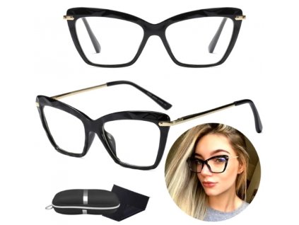 Elegantní černé brýle typu Cat Eye s antireflexními čočkami, polykarbonát/plast/kov, 143x134x45 mm