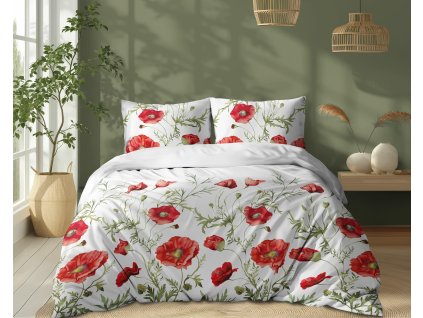 Bavlněné povlečení 220x200 Bílé s červenými máky - romantické povlečení s květinovým vzorem, 100% bavlna - 5340 A - Soft Meadow