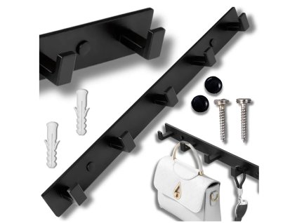 Nástěnný věšák na panely s háčky, černý hliník, rozměry 45,7x4,1 cm