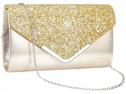 Elegantní večerní kabelka přes rameno, zlatý brokát, syntetická kůže, 24x14x6 cm