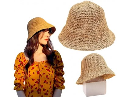 Dámský slaměný plážový klobouk BUCKET HAT, tmavá sláma, univerzální velikost 56-58 cm