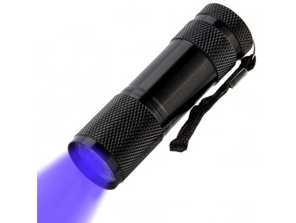 Mini UV detektorová svítilna, černá hliníková slitina, 9 LED diod, 87x26 mm