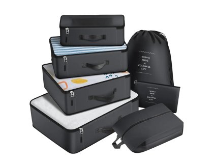 Cestovní sada 7 vodotěsných organizérů do kufru, černá, různé rozměry, nepromokavý materiál