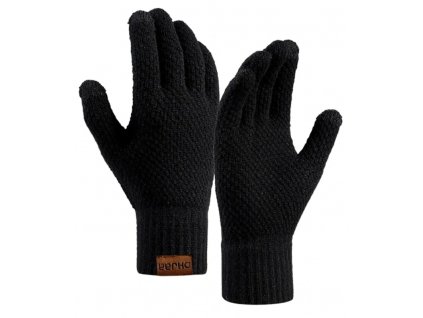 Pánské zimní teplé dotykové rukavice s pleteným vzorem, černá, akrylová příze, univerzální velikost