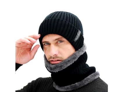 Unisex Zimní Set - Čepice a Komínový Tunel Zateplený Kožešinou, Černá, 100% Akrylové Vlákno, Obvod 54-62 cm